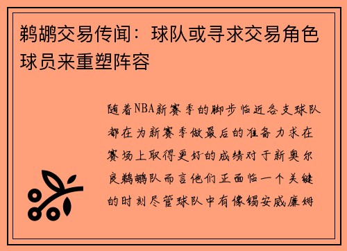 鹈鹕交易传闻：球队或寻求交易角色球员来重塑阵容